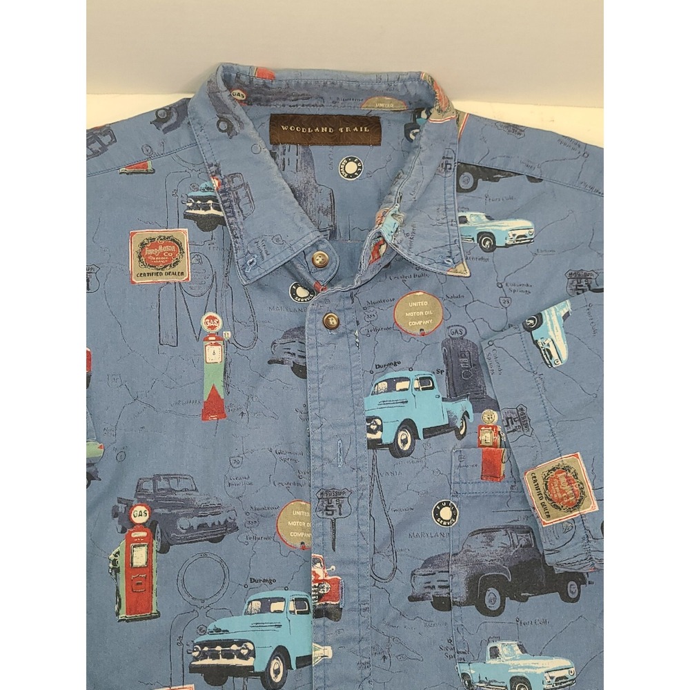 Woodland Trail Ford Truck/old gas pumps car collector Mens Button up sz M/L/XL?